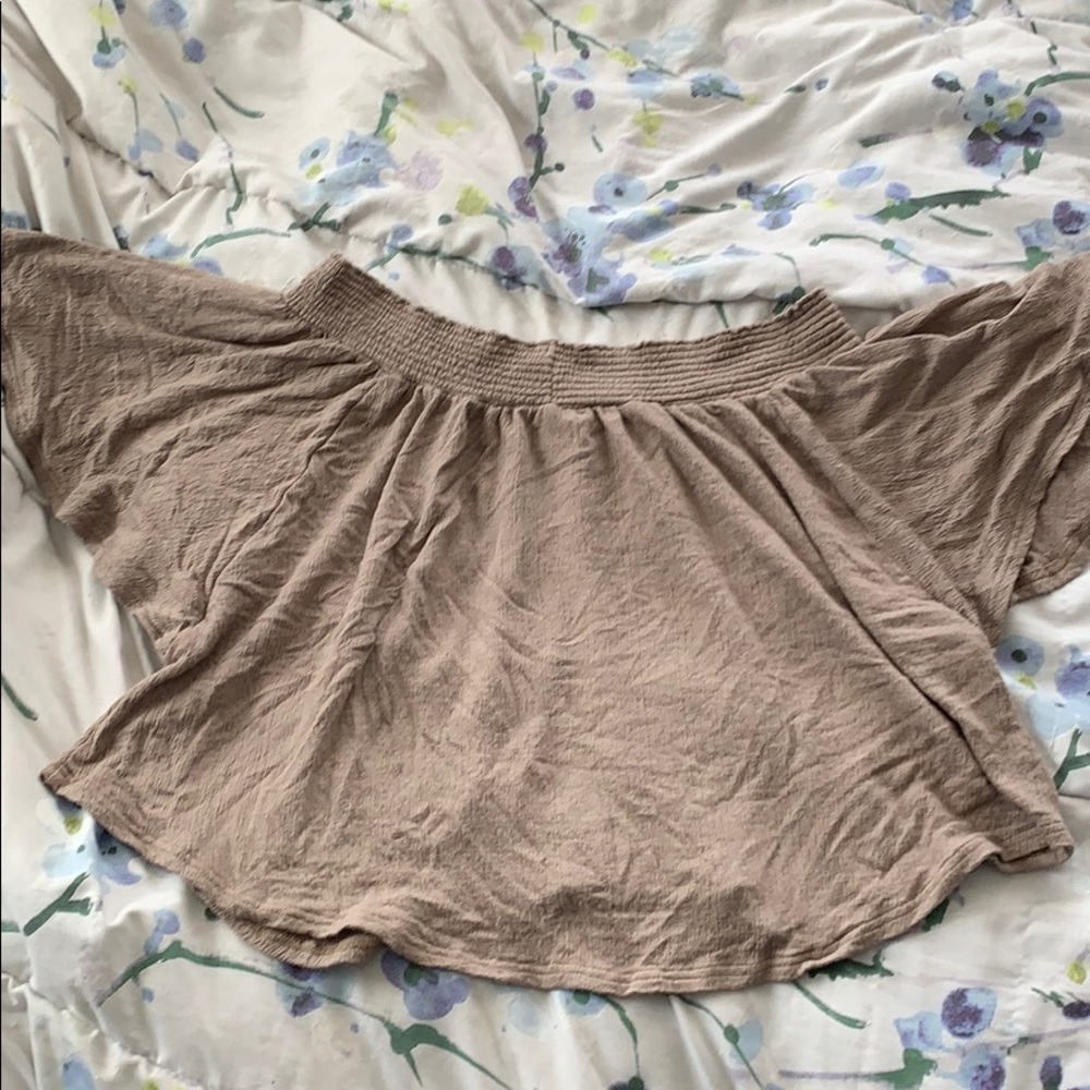 tan off-the-shoulder blouse